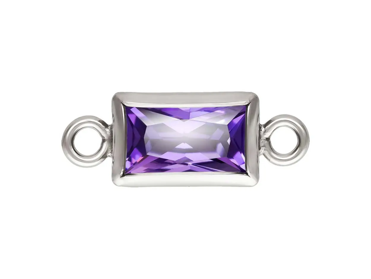 Sterling Silver Cubic Zirconia Rectangle Bezel Connector Amethyst, 3mm X 5mm