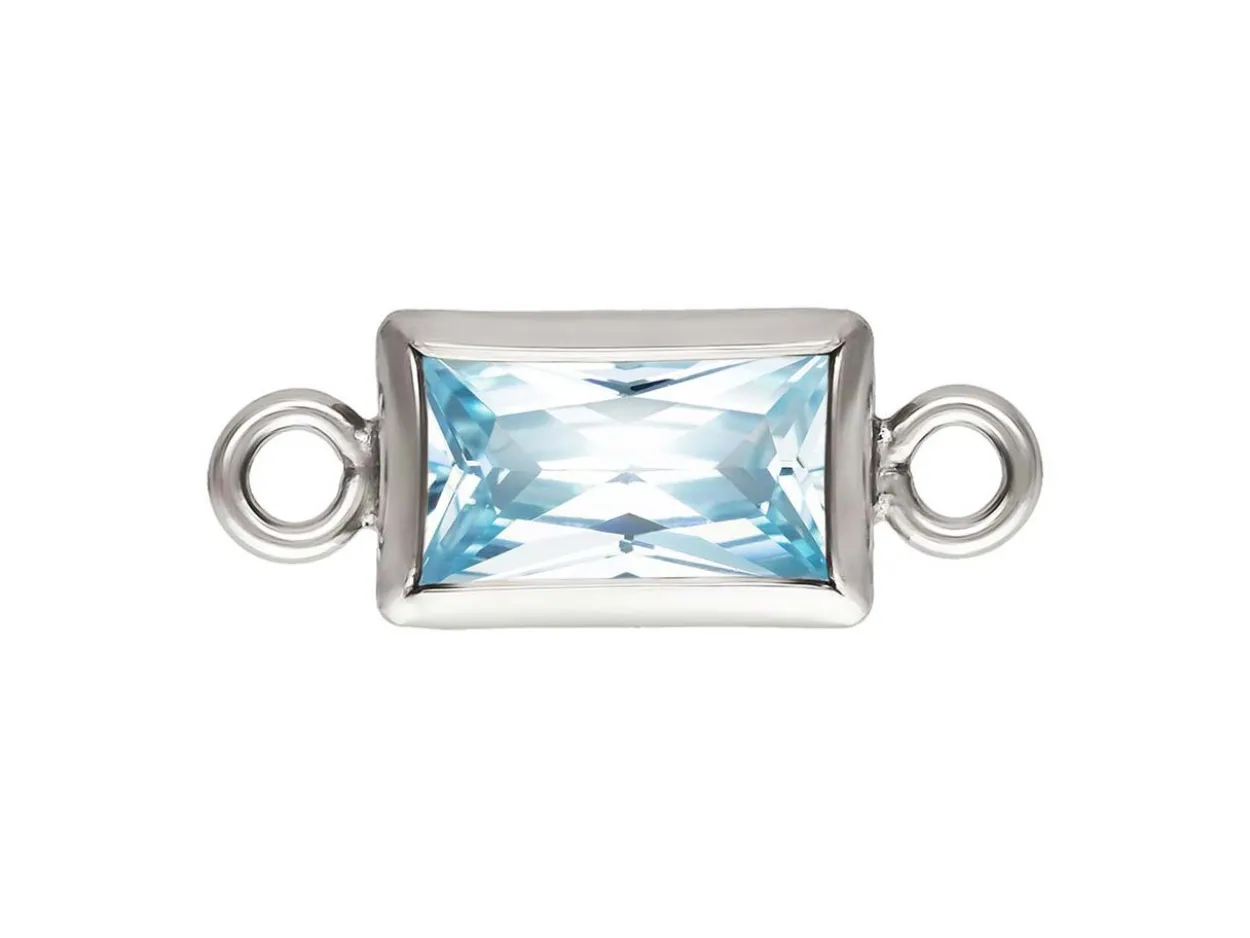 Sterling Silver Cubic Zirconia Rectangle Bezel Connector Aquamarine, 3mm X 5mm