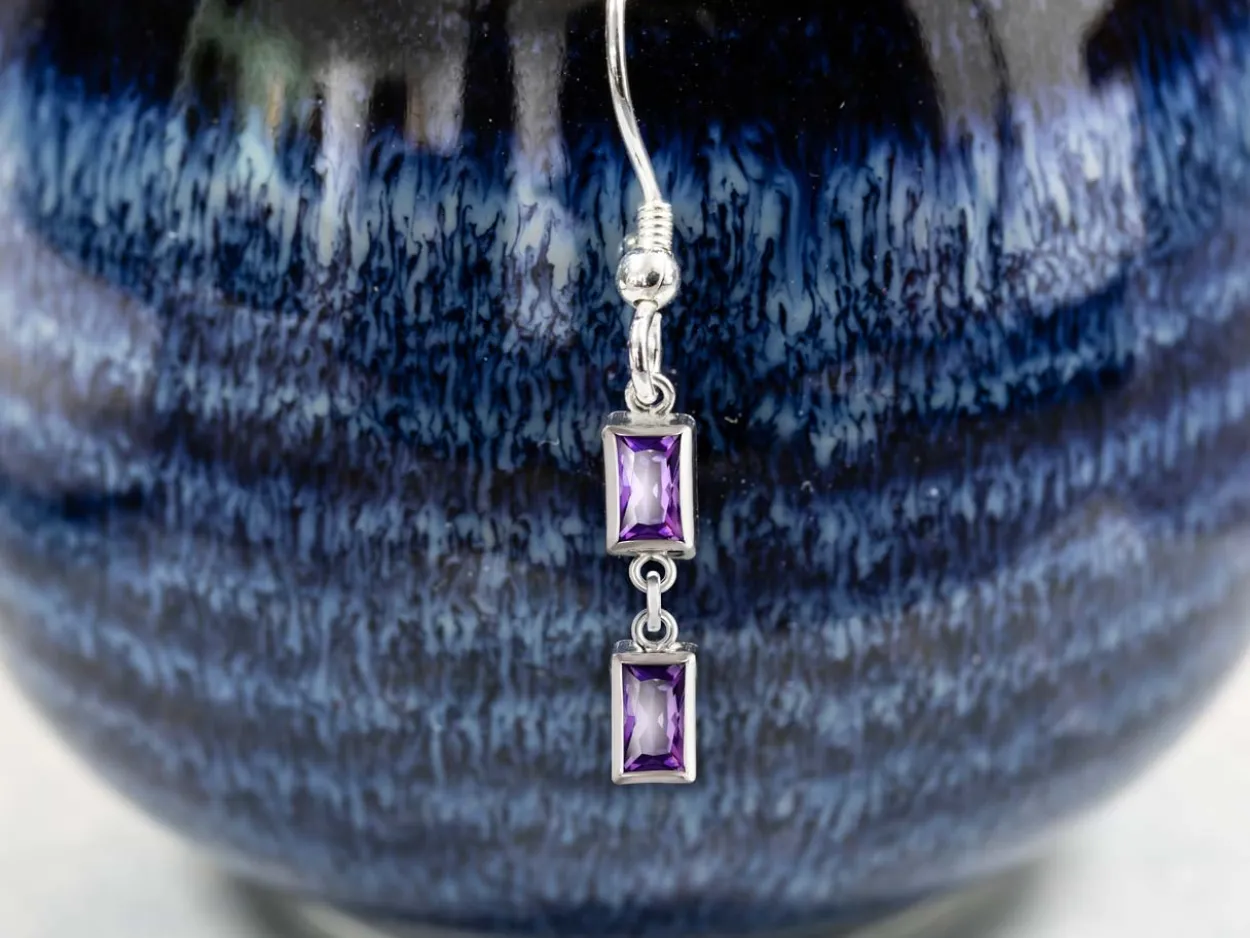 Sterling Silver Cubic Zirconia Rectangle Bezel Drop Connector Amethyst, 3mm X 5mm