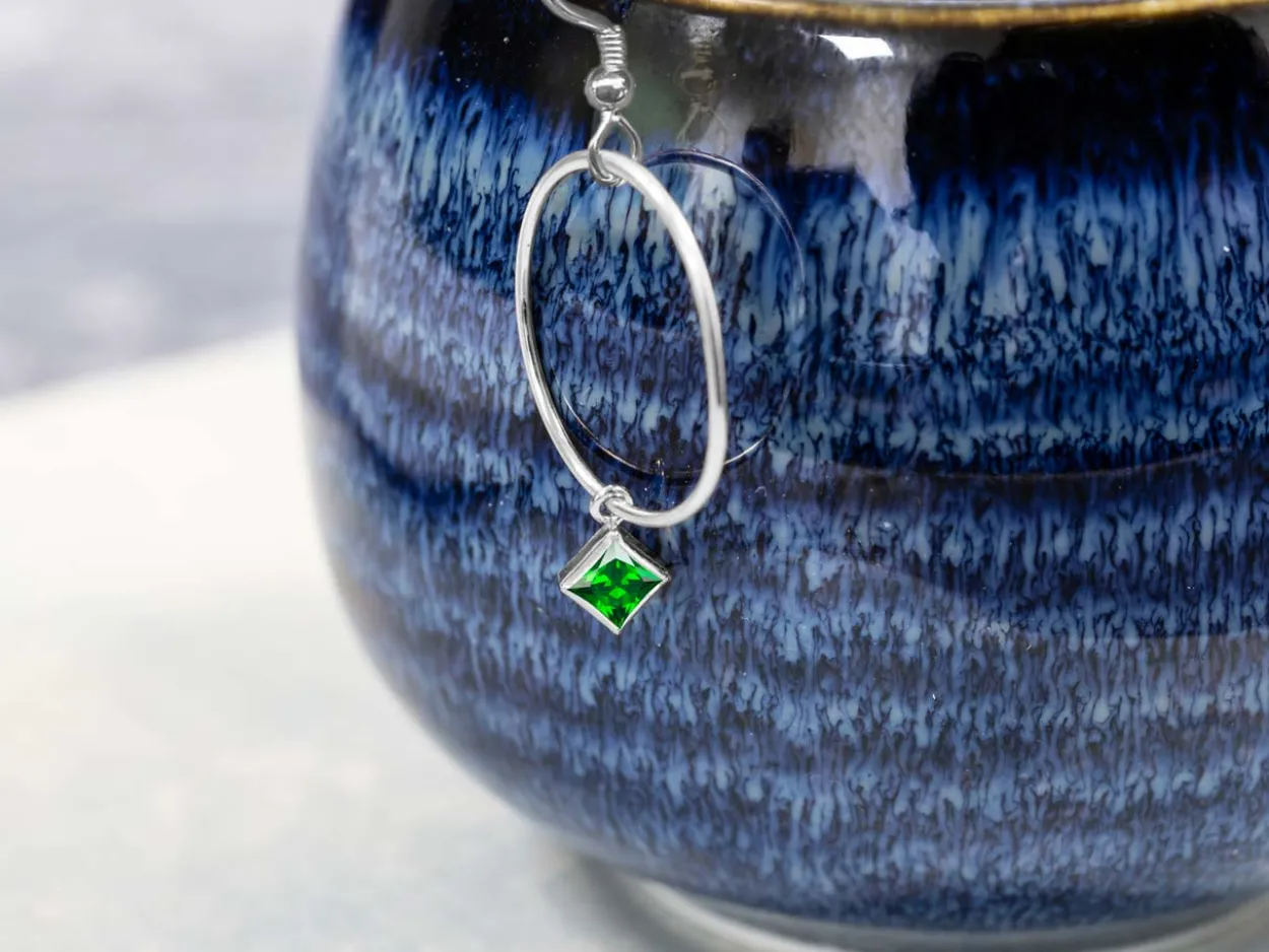 Sterling Silver Cubic Zirconia Square Bezel Drop Connector Green, 3mm