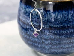 Sterling Silver Cubic Zirconia Square Bezel Drop Connector Amethyst, 3mm