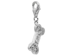 Sterling Silver Dog Bone Design Charm With Cubic Zirconia And Carabiner Lobster Trigger Clasp Catch