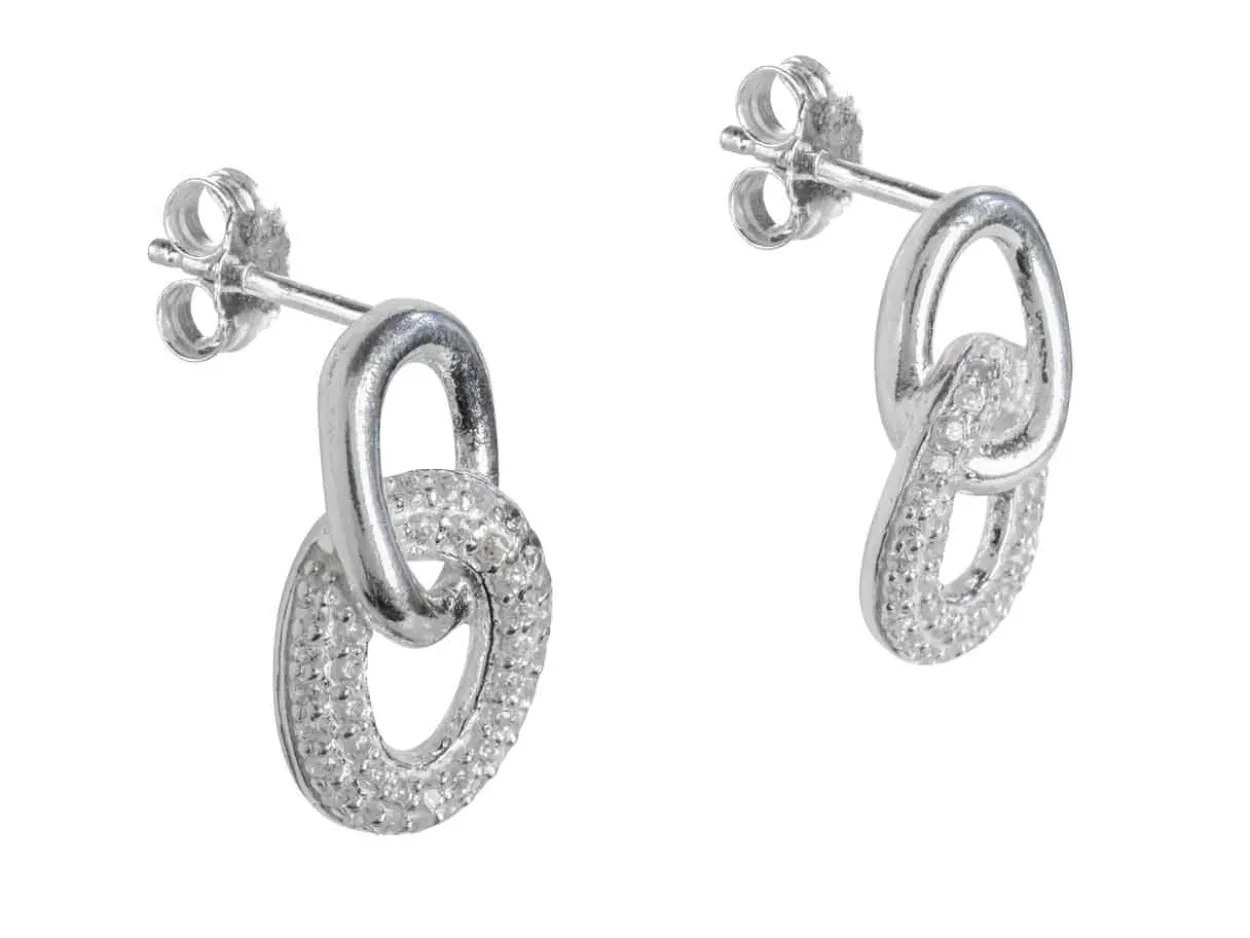 Sterling Silver Double Circle Link Stone Set Stud Earrings
