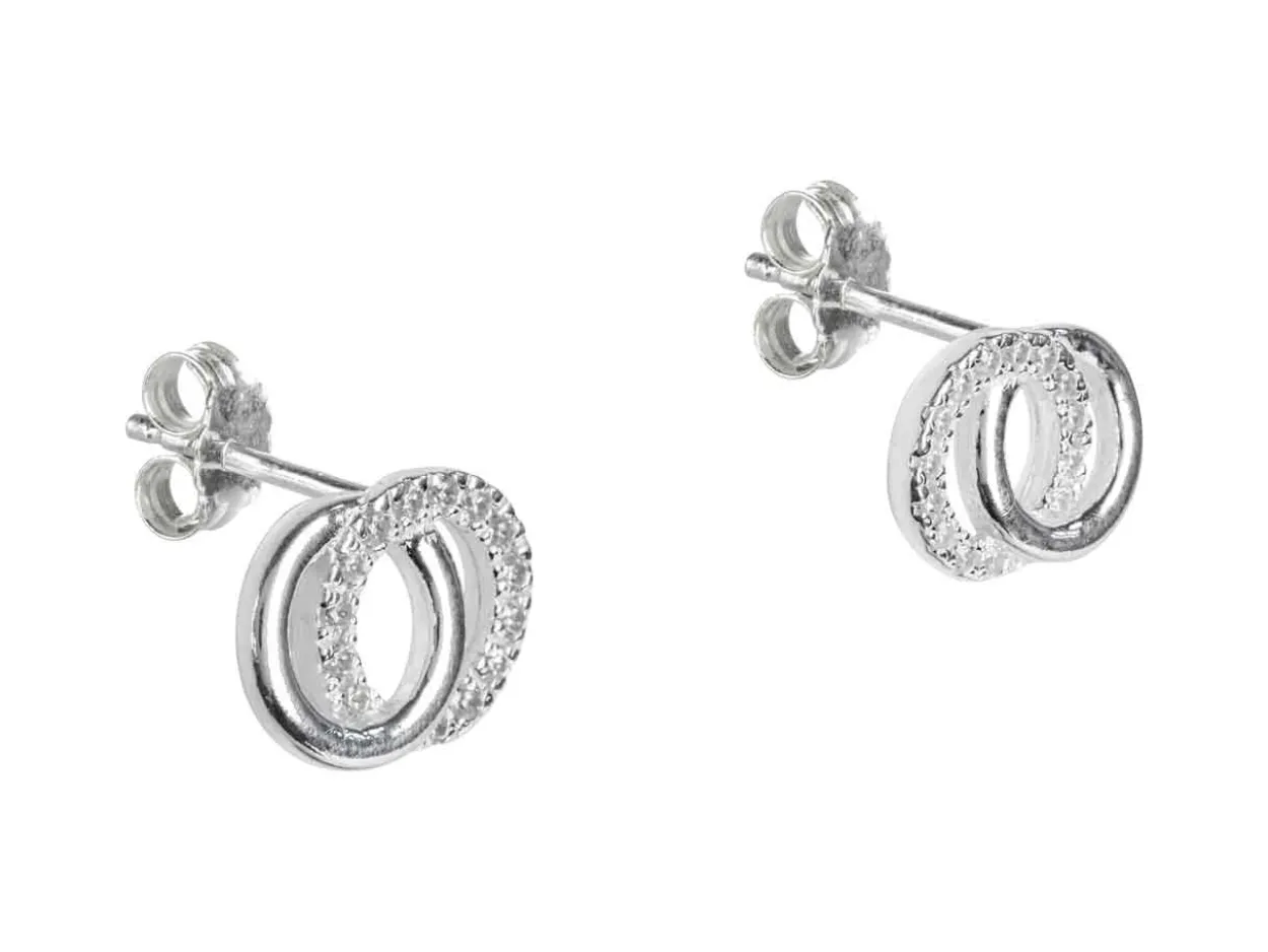 Sterling Silver Double Circle Stud Earrings With Cubic Zirconia