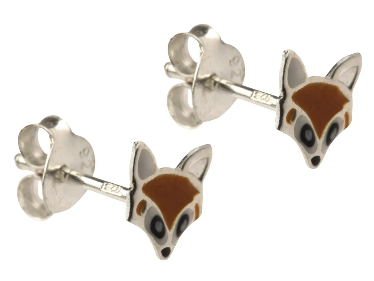 Sterling Silver Fox Enamel Stud Earrings