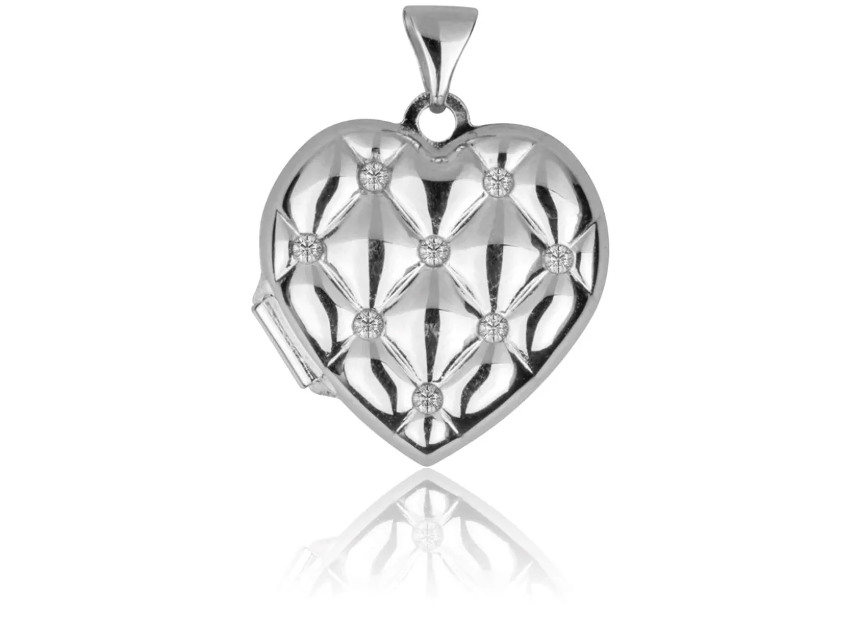 Sterling Silver Heart Quilted Effect Locket Set With Cubic Zirconia
