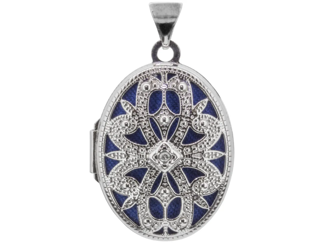 Sterling Silver Locket 21mm Filigree Oval Set With 0.005ct Diamond