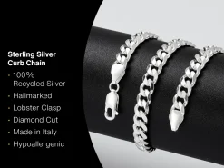 Sterling Silver 6.6mm Filed Bevelled Curb Chain 18"/45cm Hallmarked, 100% Recycled Silver