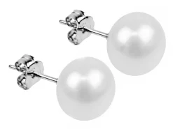 Sterling Silver 8mm-9mm Button White Pearl Stud Earrings