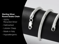 Sterling Silver 5.0mm Round Snake Chain 20"/50cm Hallmarked, 100% Recycled Silver