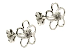 Sterling Silver Outline Flower Stud Earrings Set With Cubic Zirconia