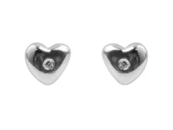 Sterling Silver Valentine's Day Polished Heart Stud Earrings With Cubic Zirconia Stone, With Gift Box