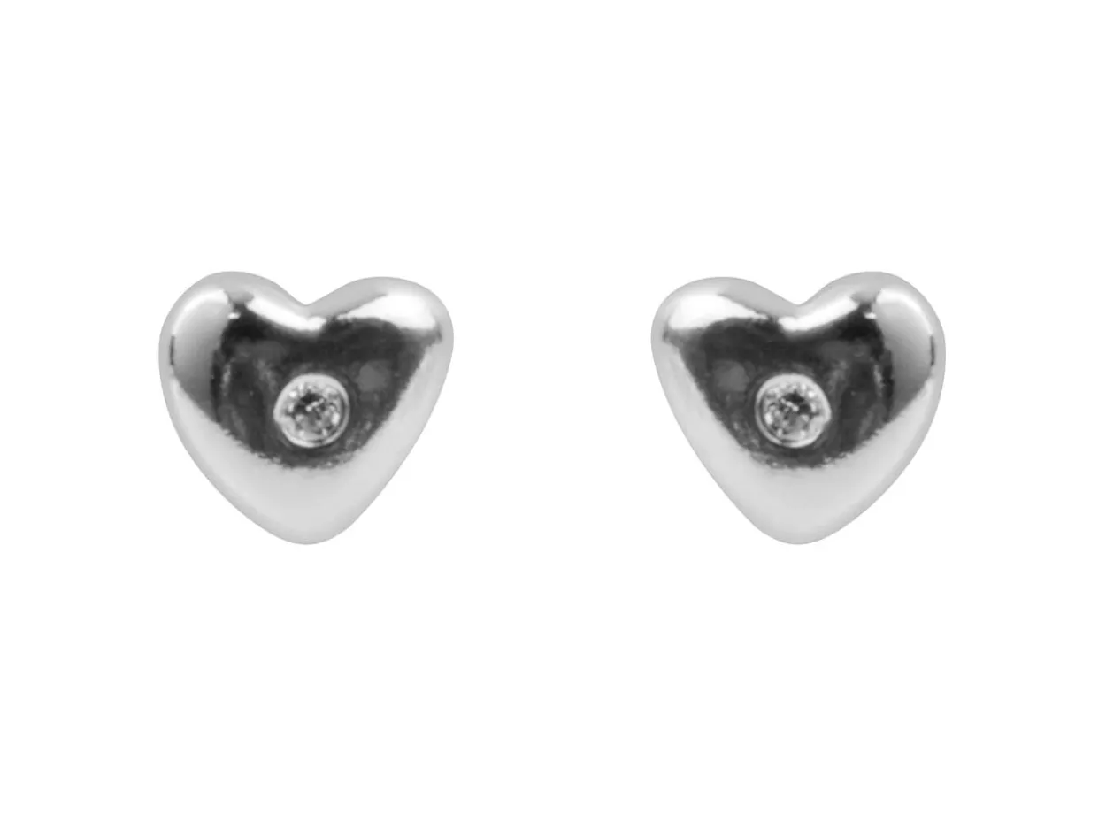 Sterling Silver Valentine's Day Polished Heart Stud Earrings With Cubic Zirconia Stone, With Gift Box